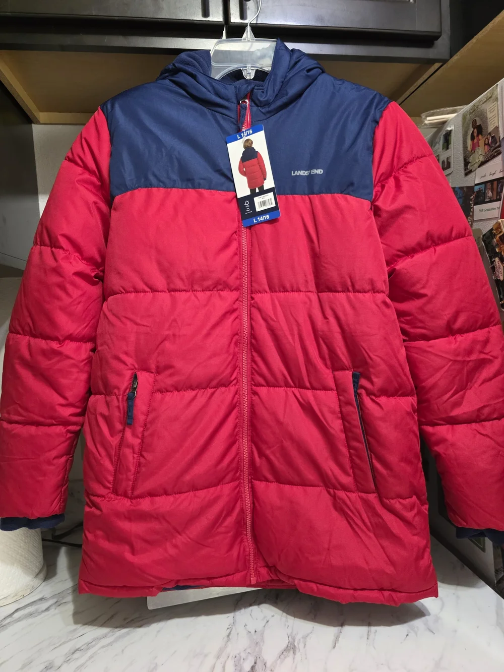 LANDS' END Kids' Red and Navy Puffer Jacket Youth 14/16